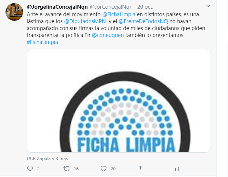 Twit de la concejal Jorgelina González de la UCR Neuquén en defensa de la iniciativa Ficha LImpia