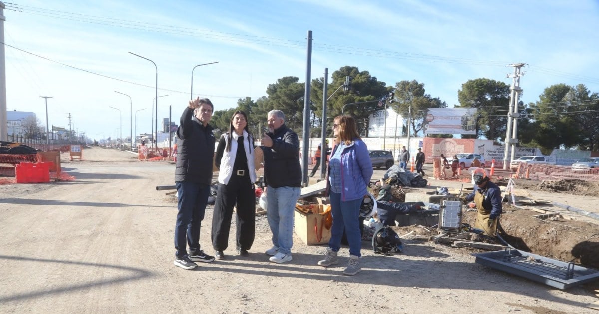 Trabajadores montan luminarias sobre columnas nuevas en la Gran Avenida de Neuquén