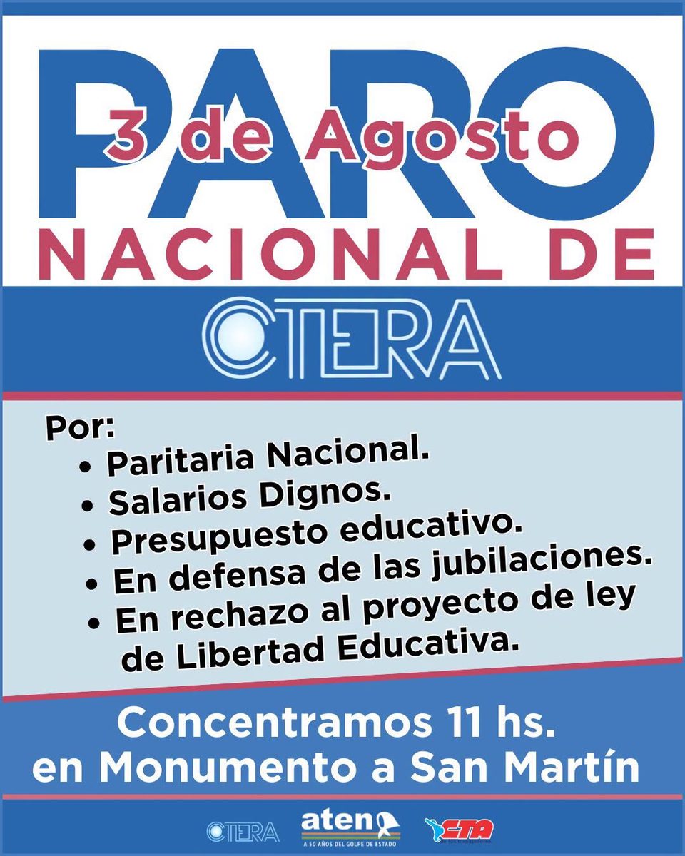 Convocatoria de ATEN al paro nacional docente del lunes 3 de agosto de 2026