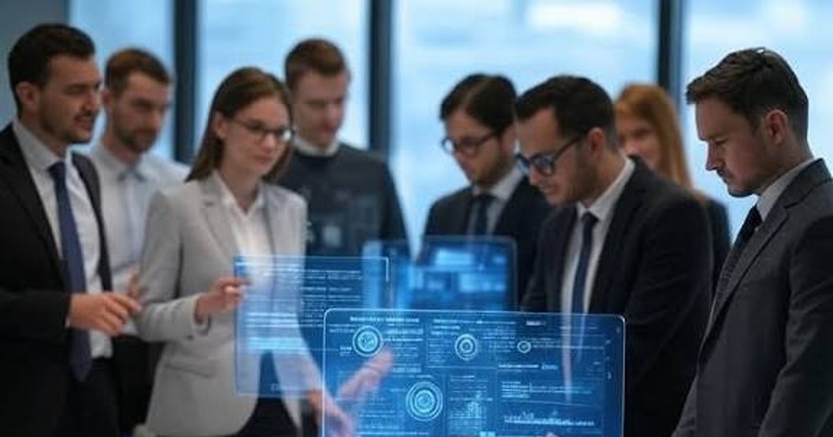 Equipo directivo de una pyme reunido frente a una computadora en la oficina