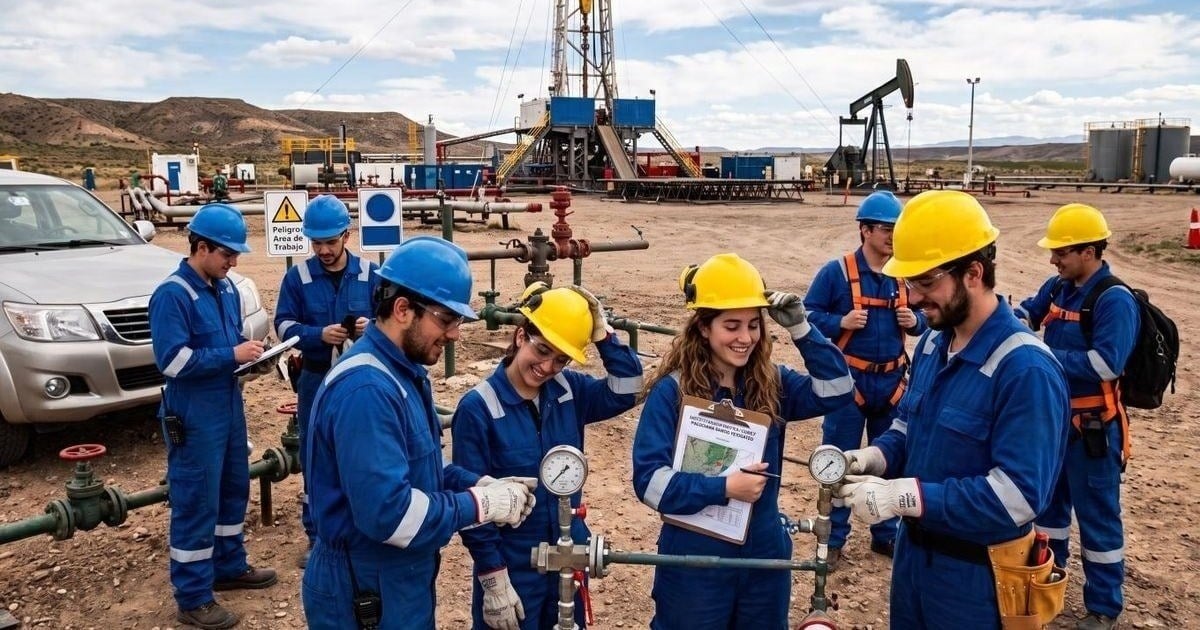 Estudiantes con mamelucos azules y cascos revisan manómetros en una boca de pozo, con una torre de perforación detrás.