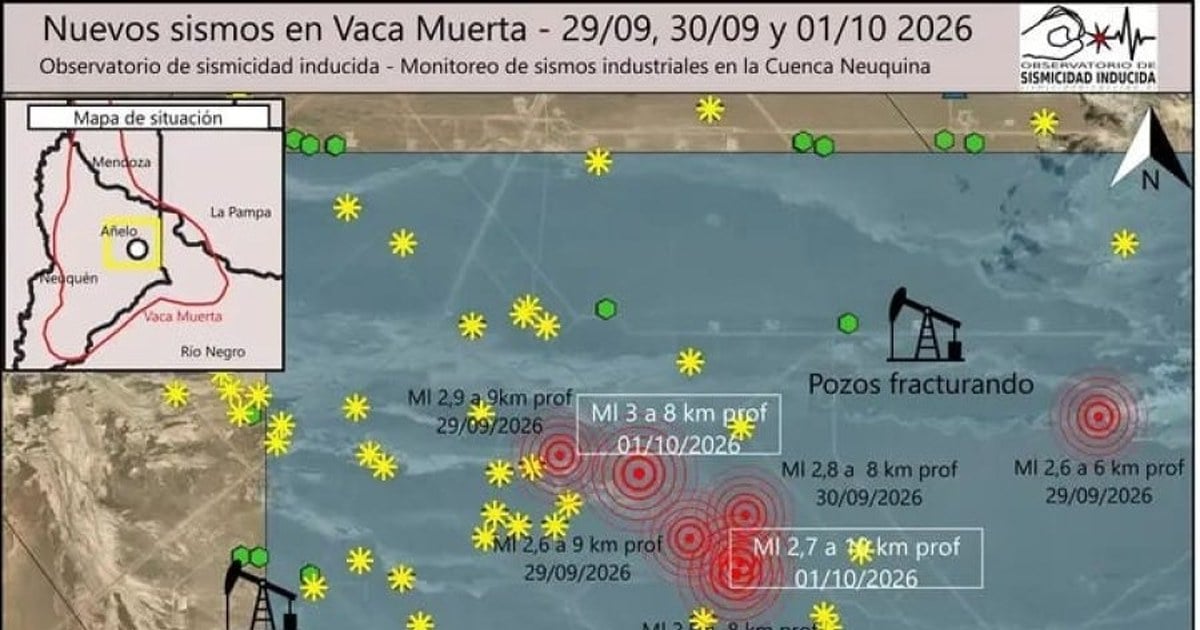 Mapa con los epicentros de los movimientos sísmicos registrados al noreste de Añelo, en Neuquén