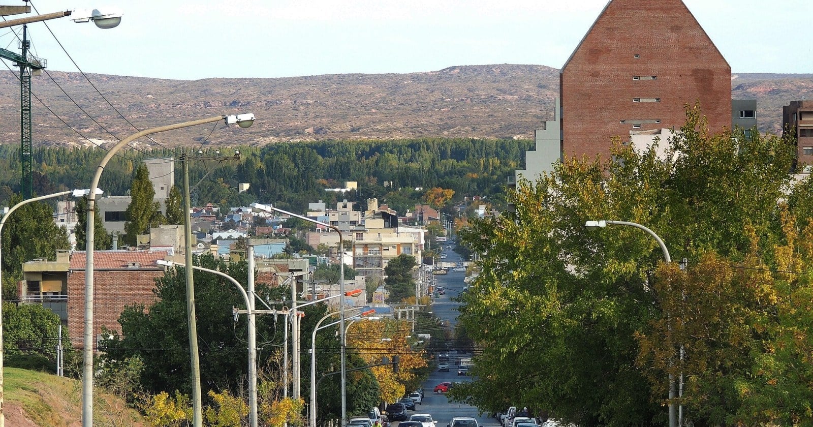 Avenida de Neuquén capital con tránsito, árboles y casas que suben hacia la barda